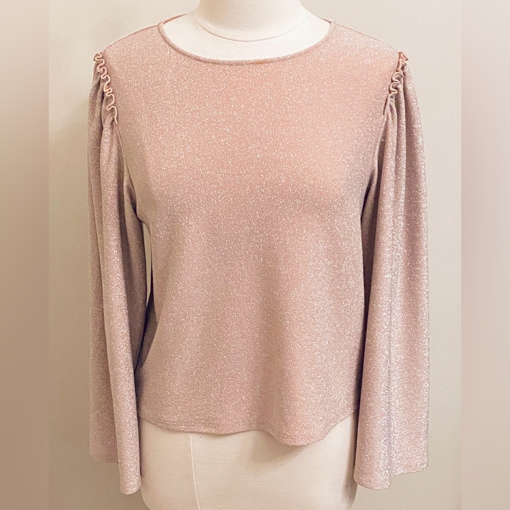 Express Pink Silver Metallic Sparkle Ruffle Shoulder Long Bell Sleeves Top SZ M